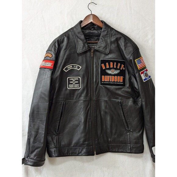 Leather Limited Biker Jacket Harley Davidson Men's L Black Full-Zip With Patches